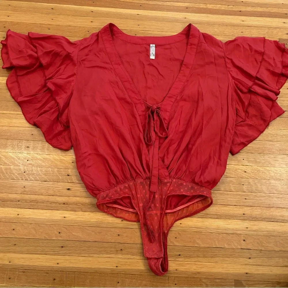 Free People Intimately Red Short Sleeve Blouse Bodysuit